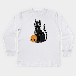 Spooky cat with skull Halloween Kids Long Sleeve T-Shirt